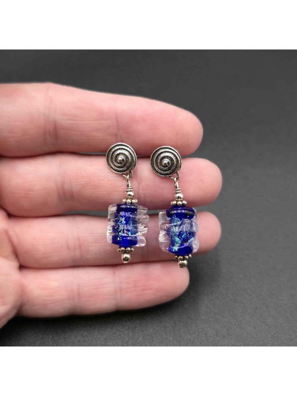 Sterling Silver Murano Glass Blue Foil Spiral Drop Earrings A8788